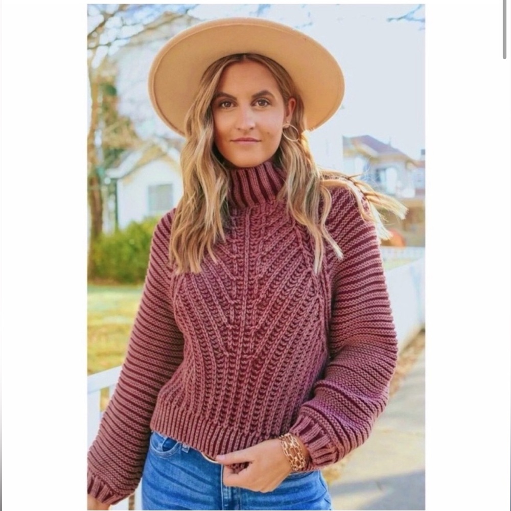 Free People Pink Chunky Knit Turtleneck Sweater